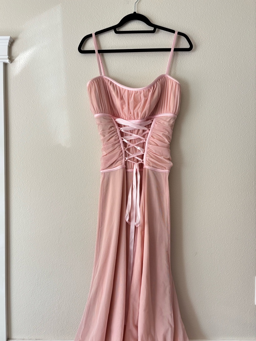 Tadashi Shoji Vintage Blush Pink Balletcore Lace-Up Mesh Maxi Dress Size 8 - Picture 10 of 11
